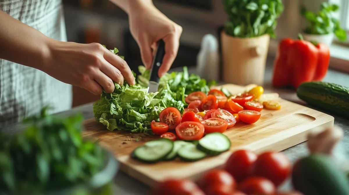 Mains anonymes préparant des légumes fermentés sur une planche dans une cuisine lumineuse